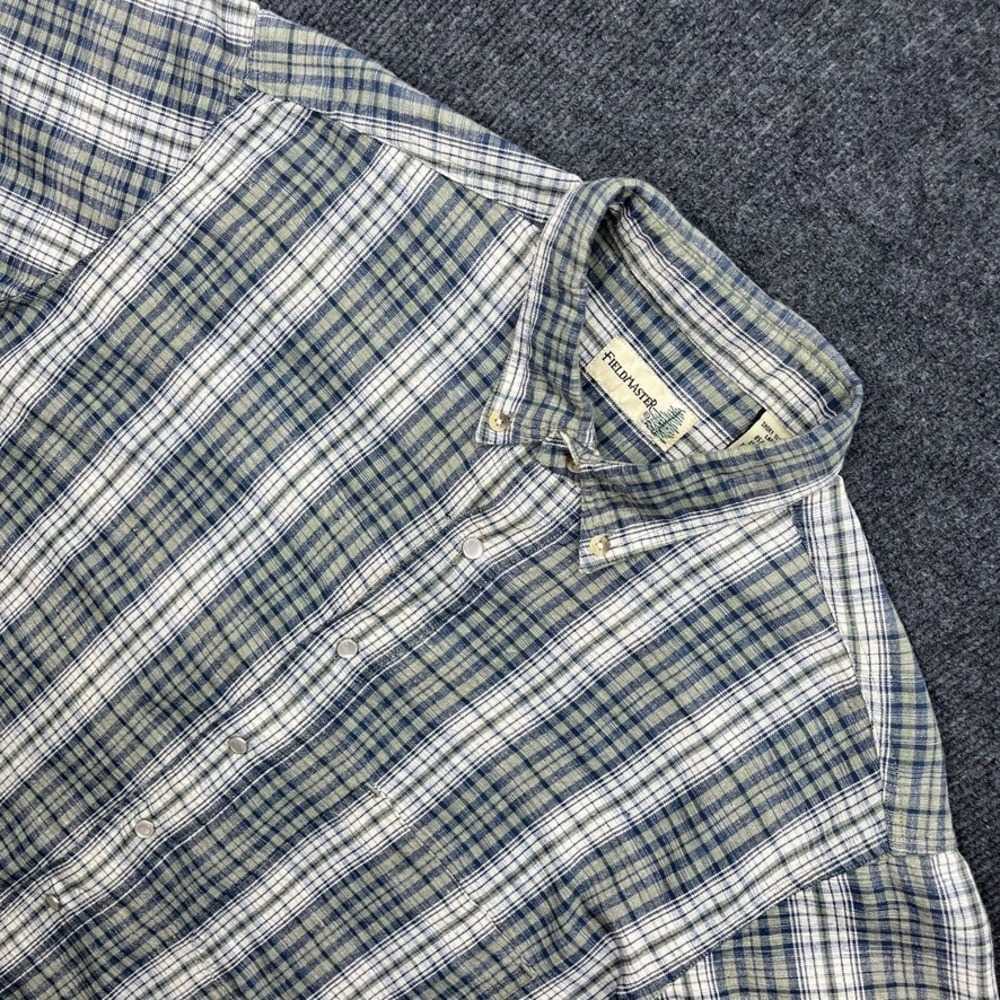 Fieldmaster Plaid Button Down Shirt Blue Green Large Cotton Linen Blend Y2K